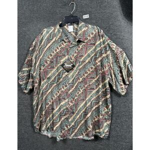 Impact 100% Silk Button-Up Shirt Mens Size XL Short Sleeve Tribal Drum Print NEW